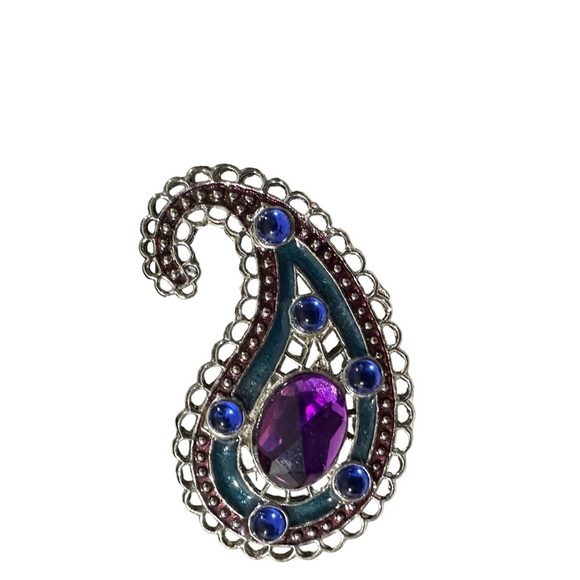 Silver-Toned Teardrop Brooch with 6 Blue Stones & 1 Large Purple Stone No Marks - Picture 3 of 6